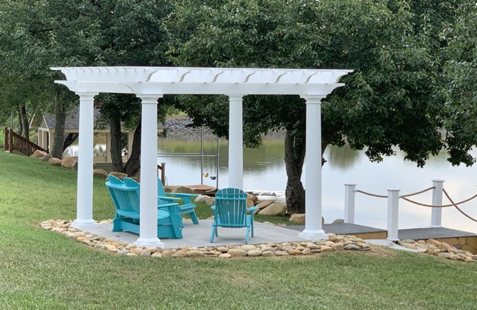 White Fiberglass Pergola with Round Columns on waterfront