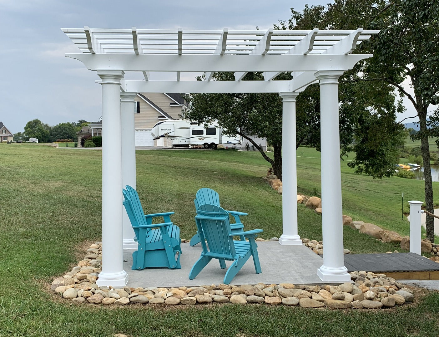 White Fiberglass Pergola with Round Columns on waterfront - side view