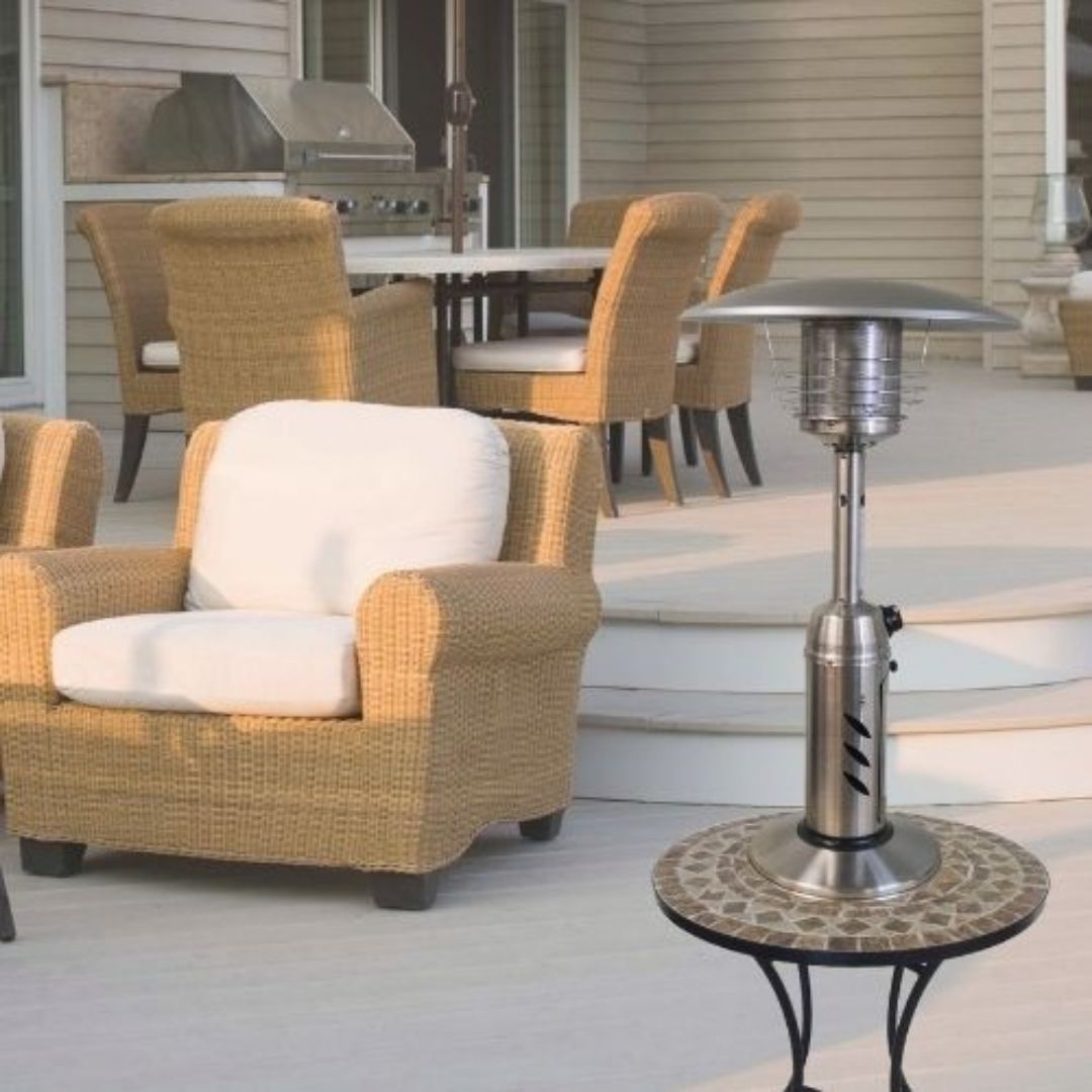 Original SUNHEAT Round Tabletop Patio Heater Stainless Steel Feature